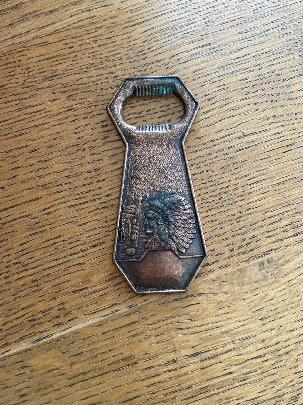 Vintage-Style Copper Bottle Opener with Native Headdress Motif